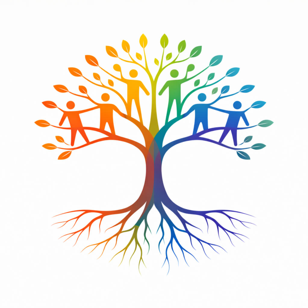 Regional impact projects in the Whakatāne district Colorful tree with people representing collaboration and regional development projects in the Whakatāne district