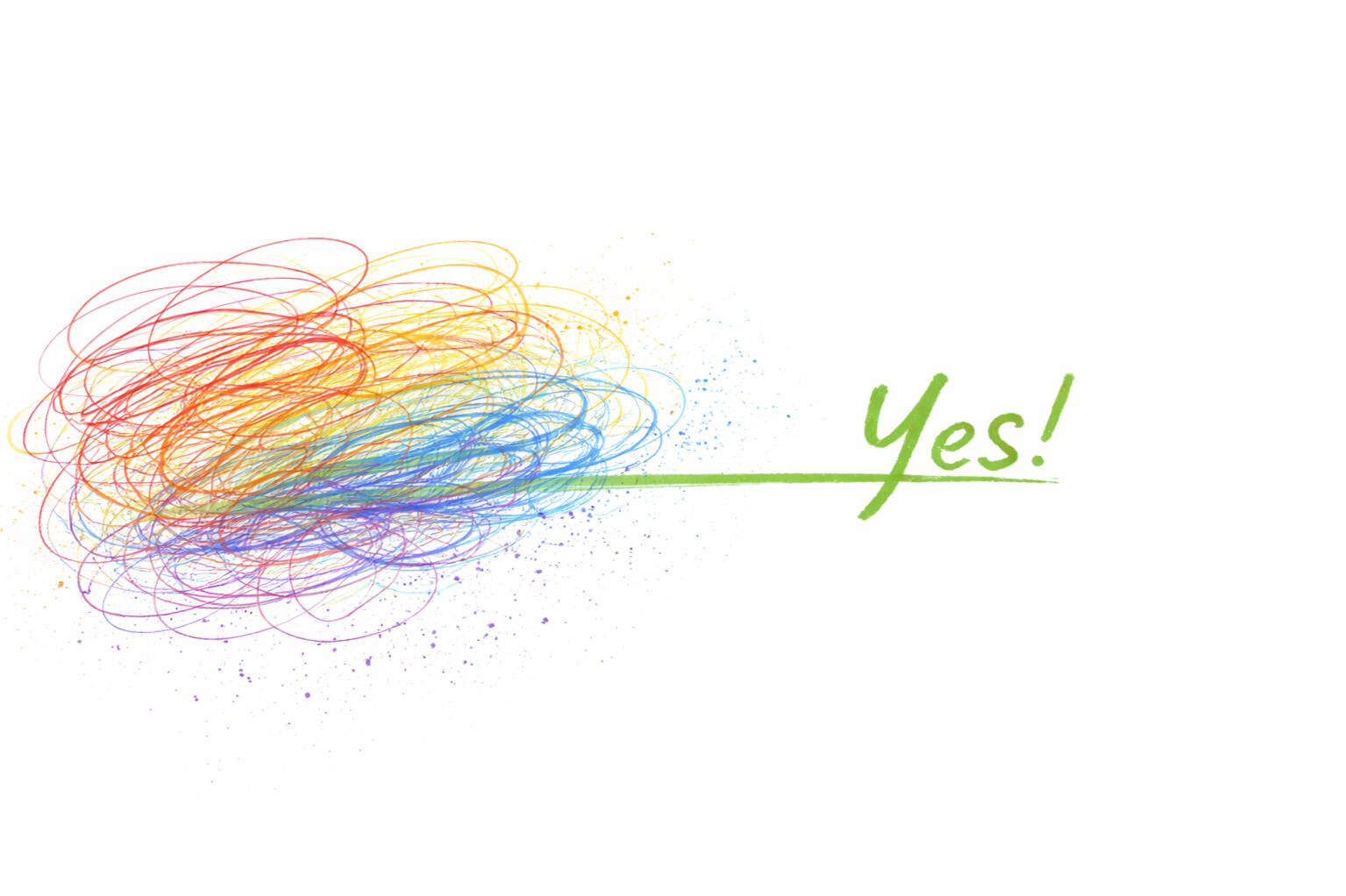 Colorful scribbles turning into a clear line and the word yes representing moving from confusion to decision clarity