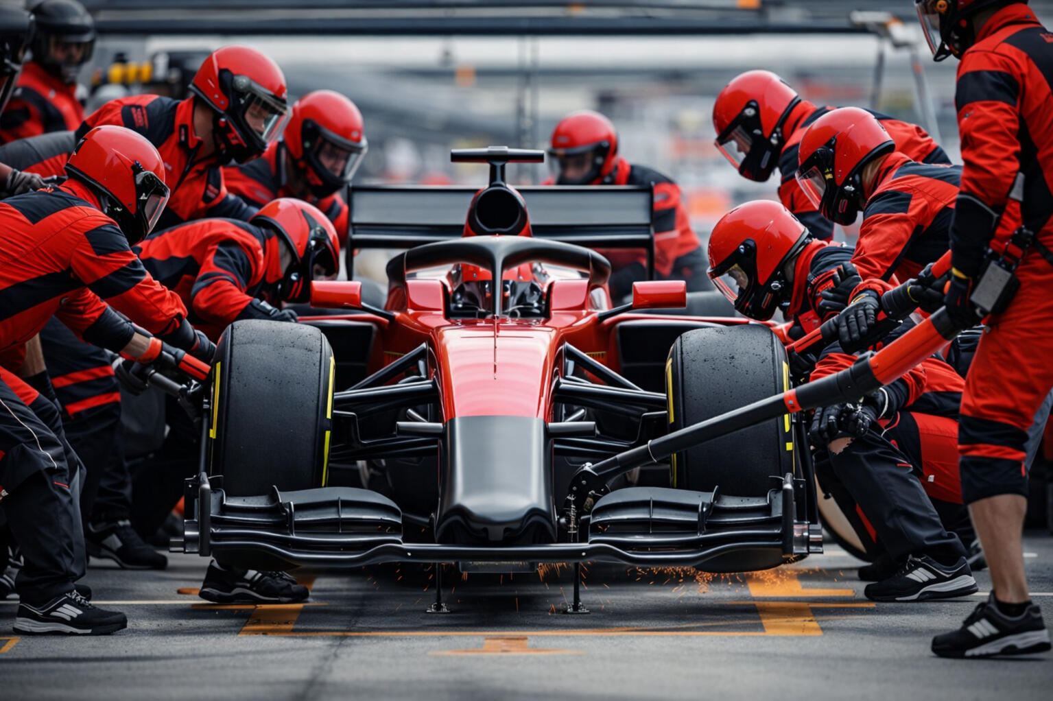 Formula 1 pit crew servicing a race car symbolizing fast coordinated support during a leadership transition